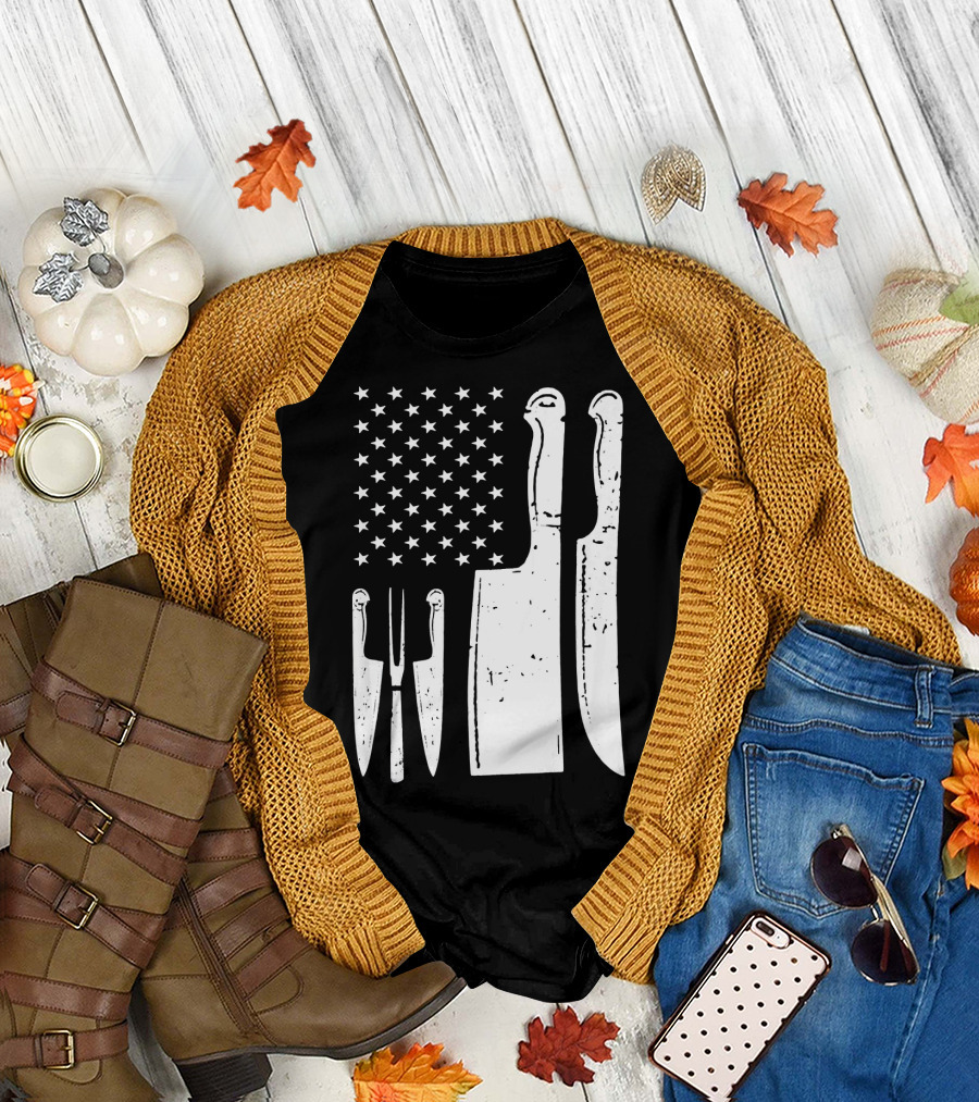 American Flag with Chef Knife Cutlery T-Shirt
