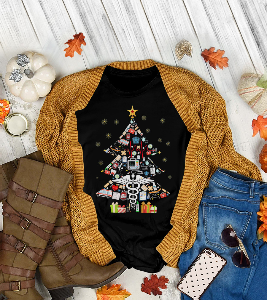 Christmas Tree with Medical Tools and Doctor Elements T-Shirt
