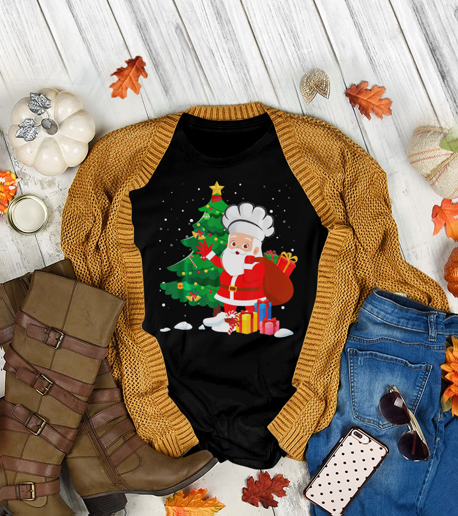 Christmas Chef Santa with Gifts by Tree T-Shirt