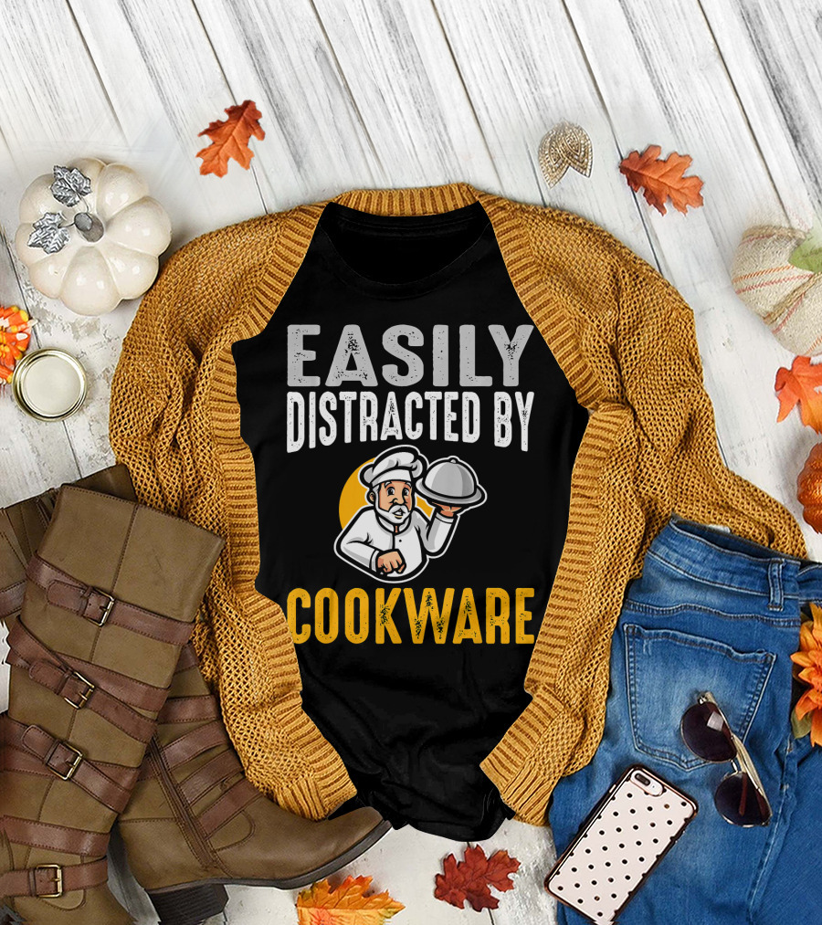 Easily Distracted By Cookware Funny Chef Cartoon T-Shirt