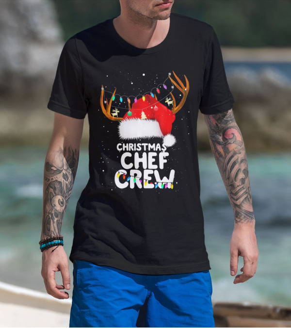 Christmas Chef Crew Santa Hat Reindeer Lights T-Shirt
