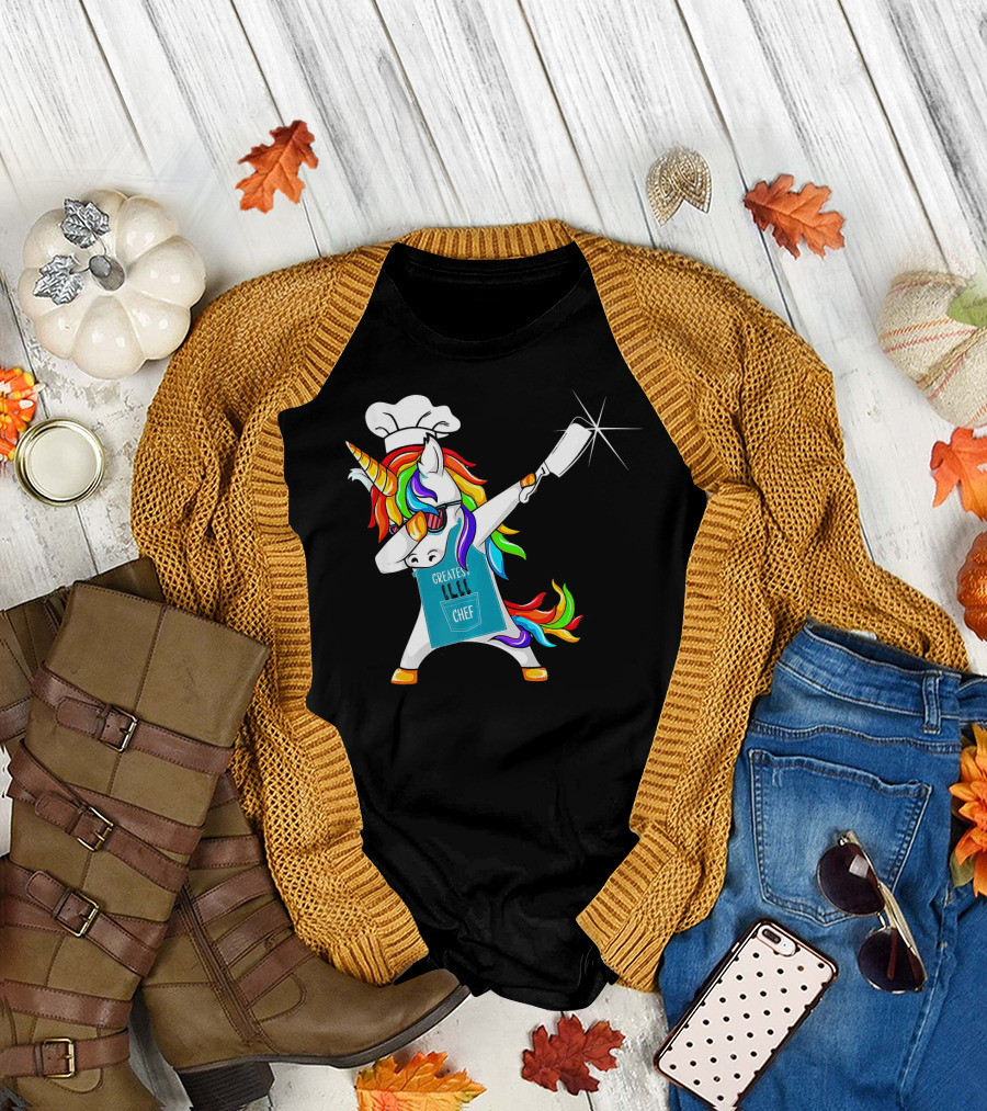 Greatest Chef Unicorn Dabbing with Rainbow Hair and Chef Hat T-Shirt