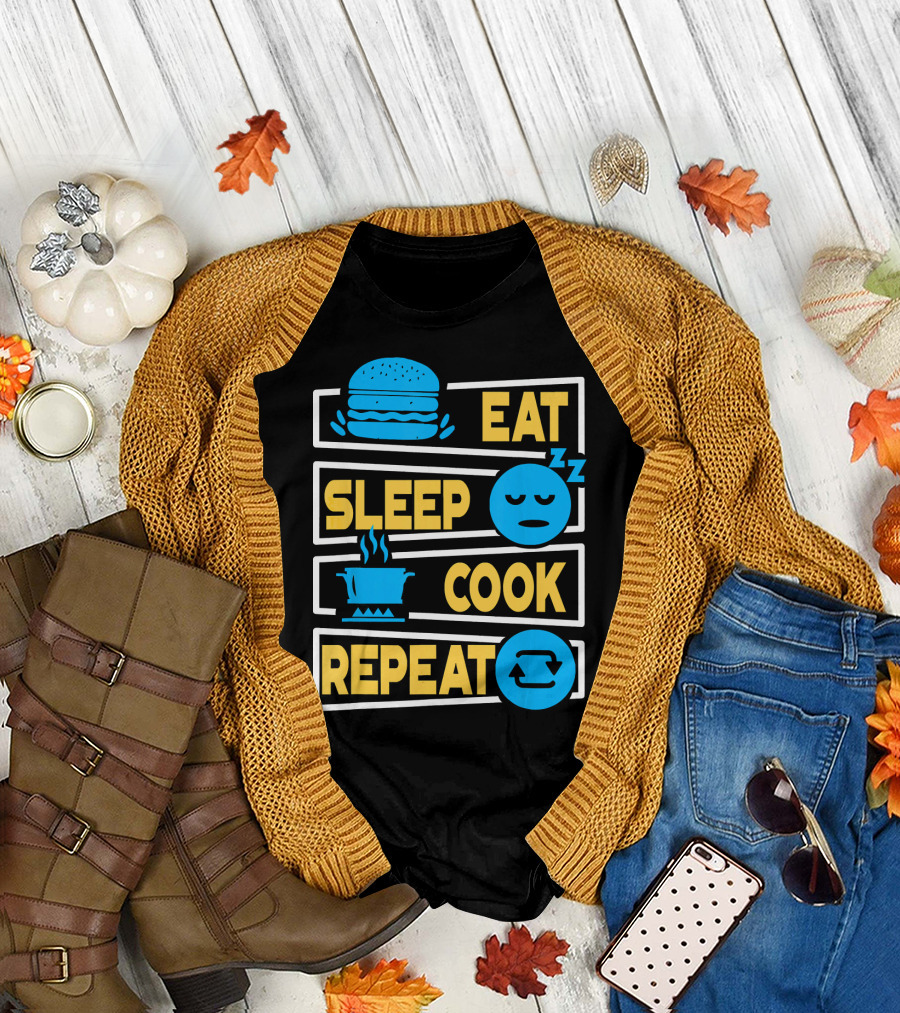 Eat Sleep Cook Repeat Cooking Burger Pot Iconography T-Shirt