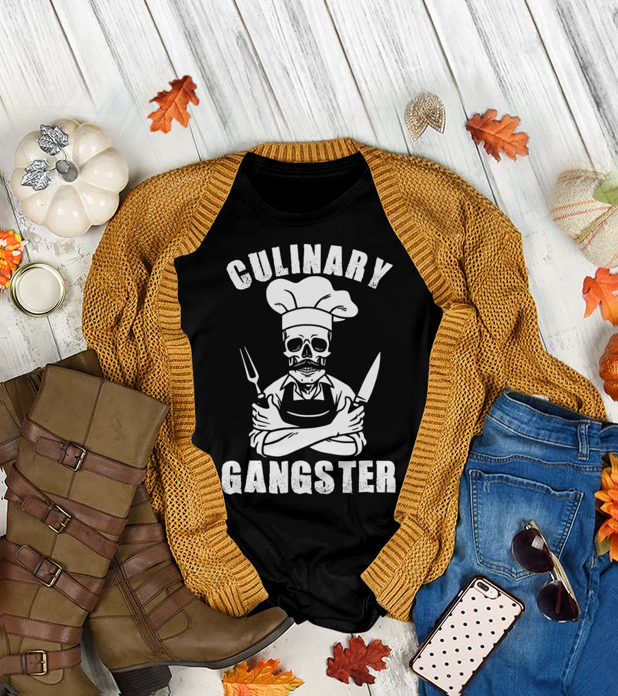 Culinary Gangster Skull Chef with Crossed Knives and Fork T-Shirt
