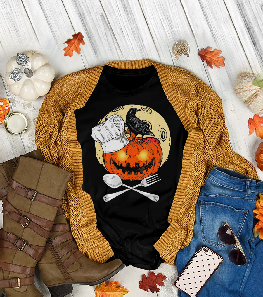Halloween Chef Pumpkin with Raven and Utensils T-Shirt