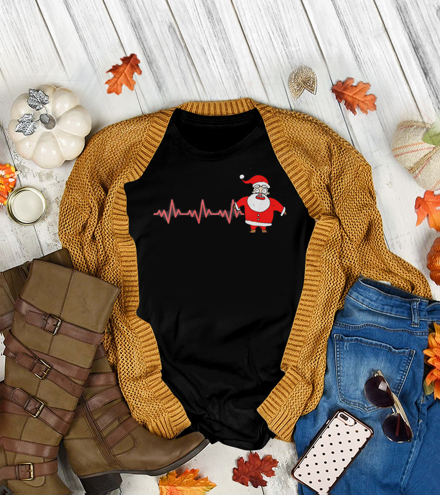 Heartbeat Santa Claus Funny Christmas Drawing T-Shirt