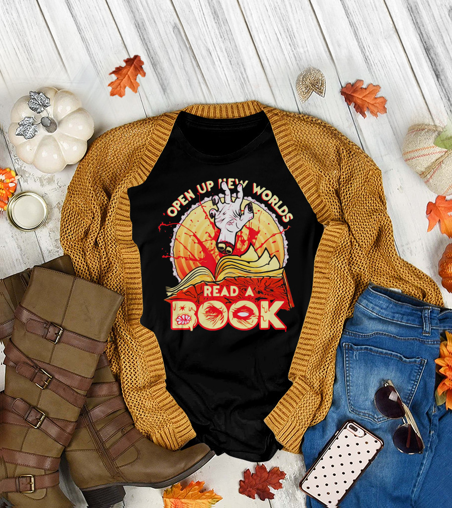 Open Up New Worlds Read A Book Zombie Hand Emerging from Open Book T-Shirt