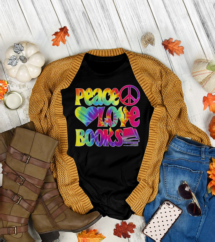 Peace Love Books Tie-Dye Peace Sign and Heart with Stacked Books T-Shirt