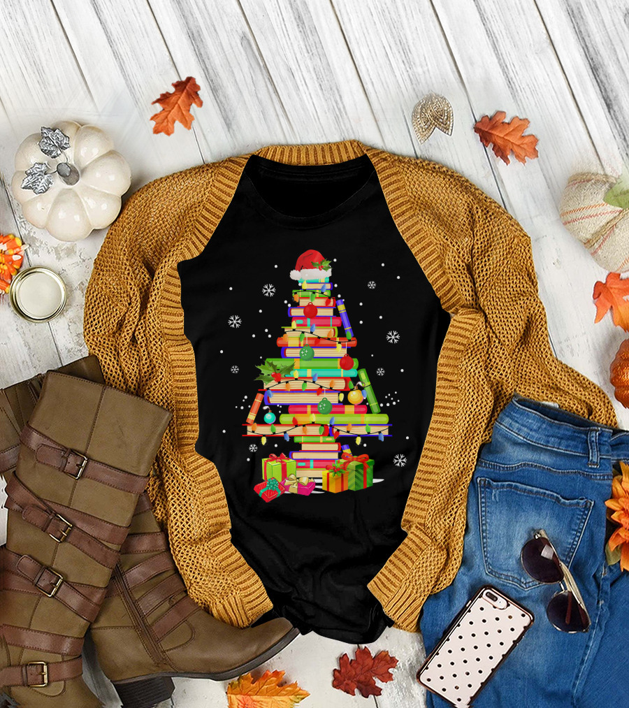 Merry Christmas Tree Made of Books with Santa Hat and Gifts T-Shirt