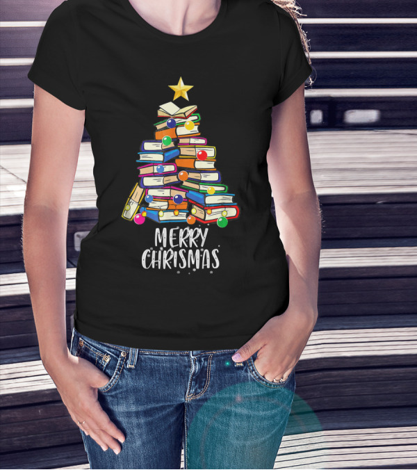 Librarian Nerd Christmas Book Tree Merry Christmas T-Shirt