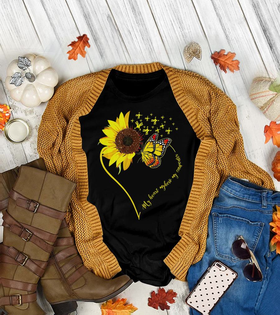 My Heart My Hero My Carpenter Sunflower Butterfly Heart T-Shirt
