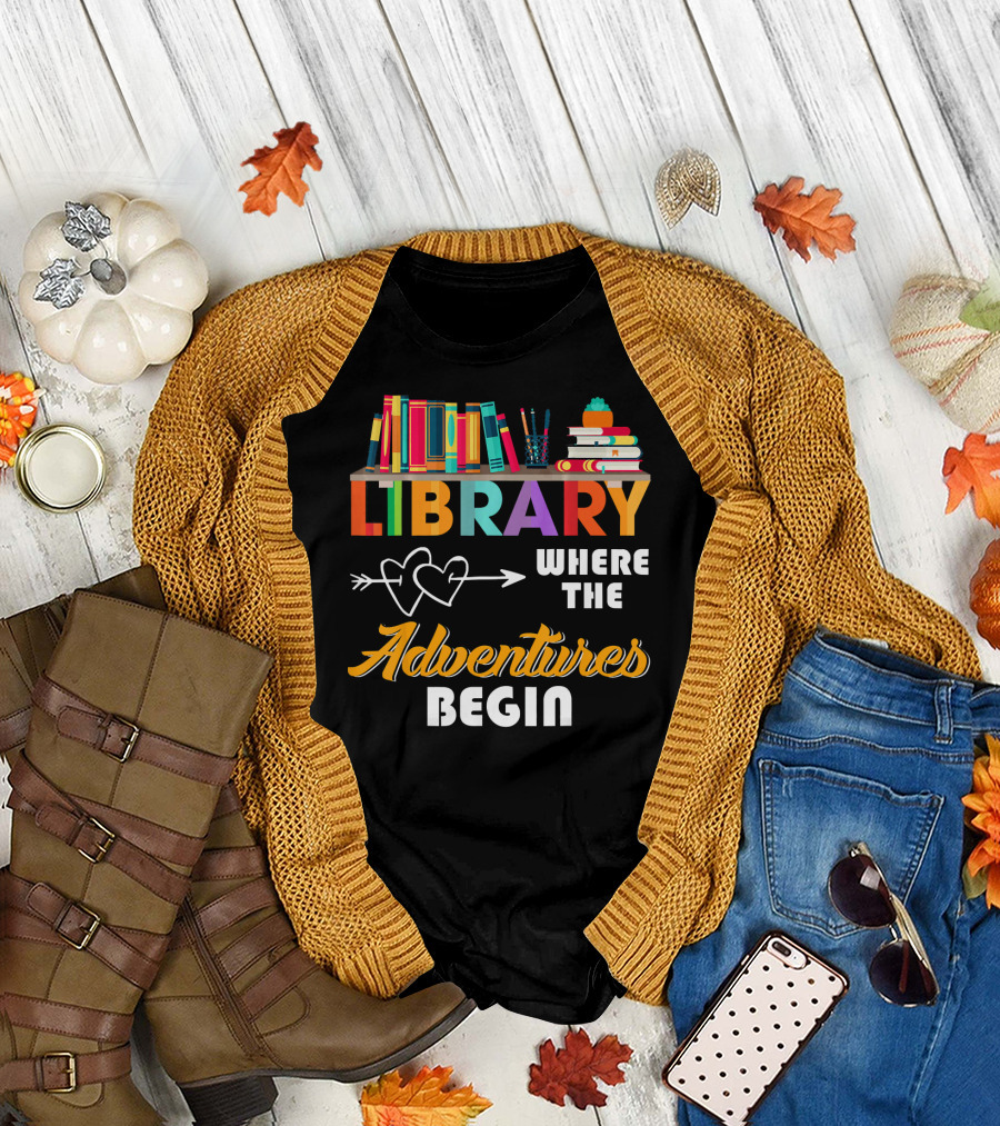 Library Books Where the Adventures Begin Arrow Hearts T-Shirt