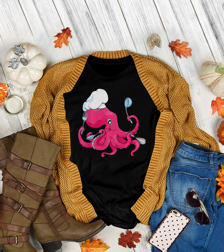 Master Chef Octopus with Hat Holding Cooking Utensils T-Shirt
