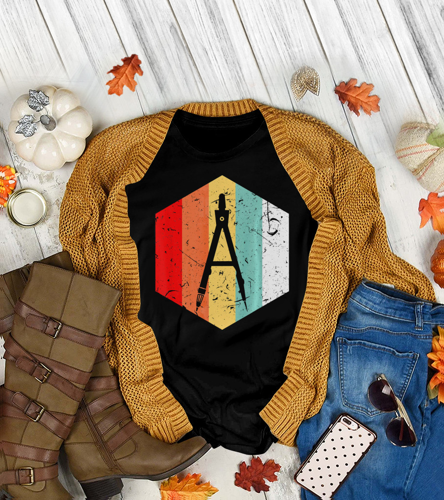 Vintage Retro Compass Divider Hexagon Stripe T-Shirt