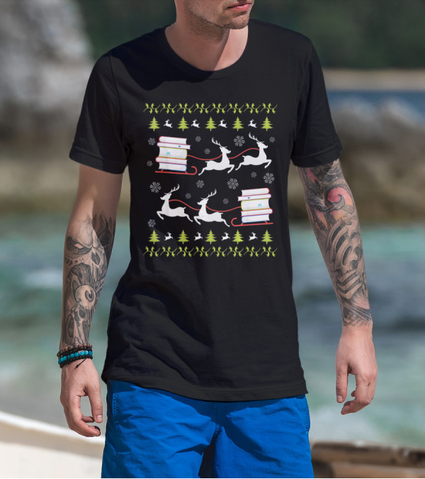 Ugly Christmas Librarian Reindeer Books Fun T-Shirt
