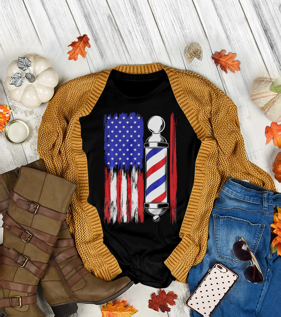 Patriotic Barber Stylist American Flag Pole T-Shirt