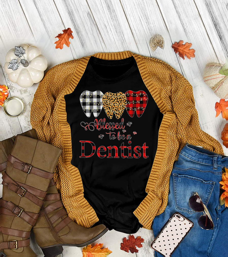 Blessed to Be a Dentist with Buffalo Plaid and Leopard T-Shirt