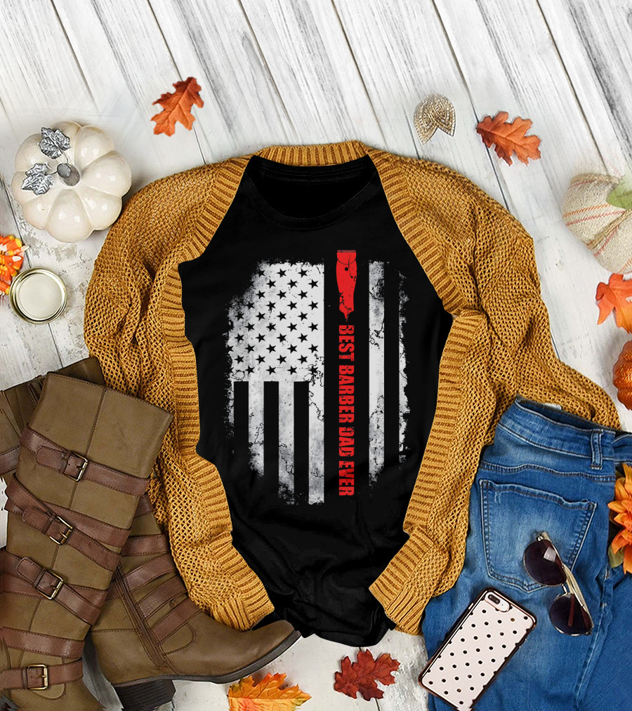 Best Barber Dad Ever American Flag Straight Razor USA T-Shirt