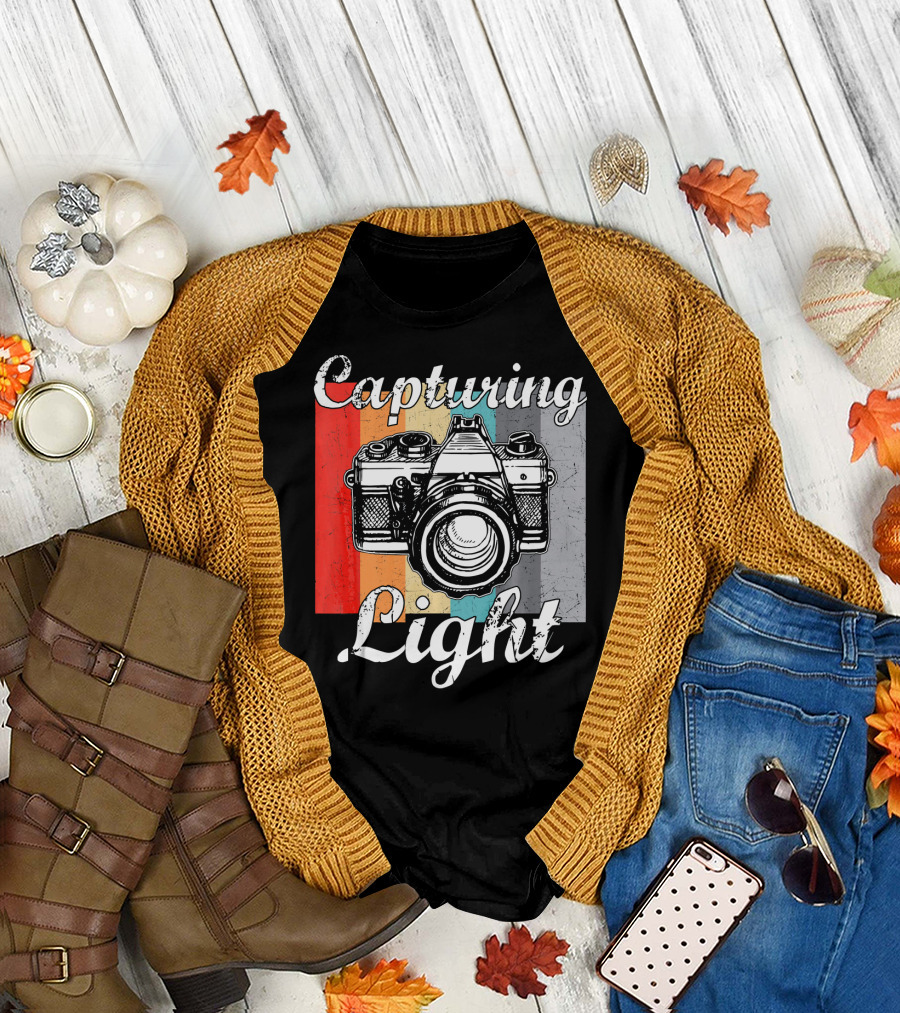 Capturing Light Vintage Photography Camera with Retro Stripes T-Shirt