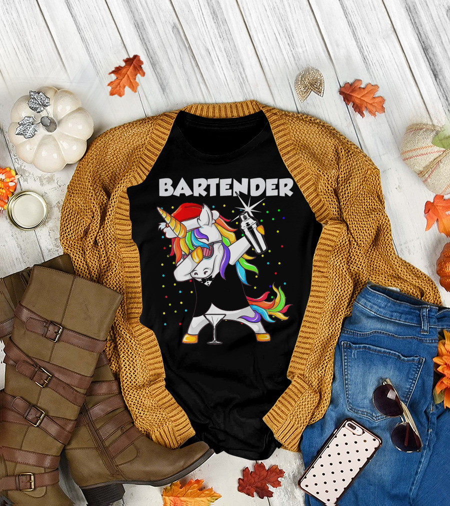 Bartender Unicorn Santa Dab with Cocktail Shaker and Santa Hat T-Shirt