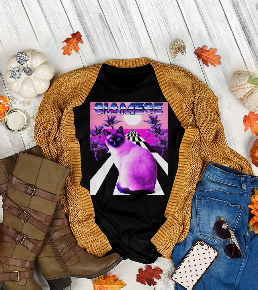 Siamese Cat Vaporwave Retro Aesthetic Sunset Palms Checkerboard T-Shirt