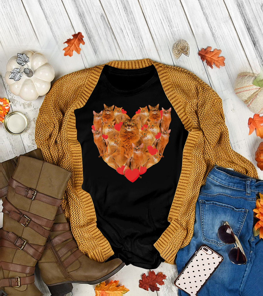 Valentines Day Somali Cat Heart Design with Red Hearts T-Shirt