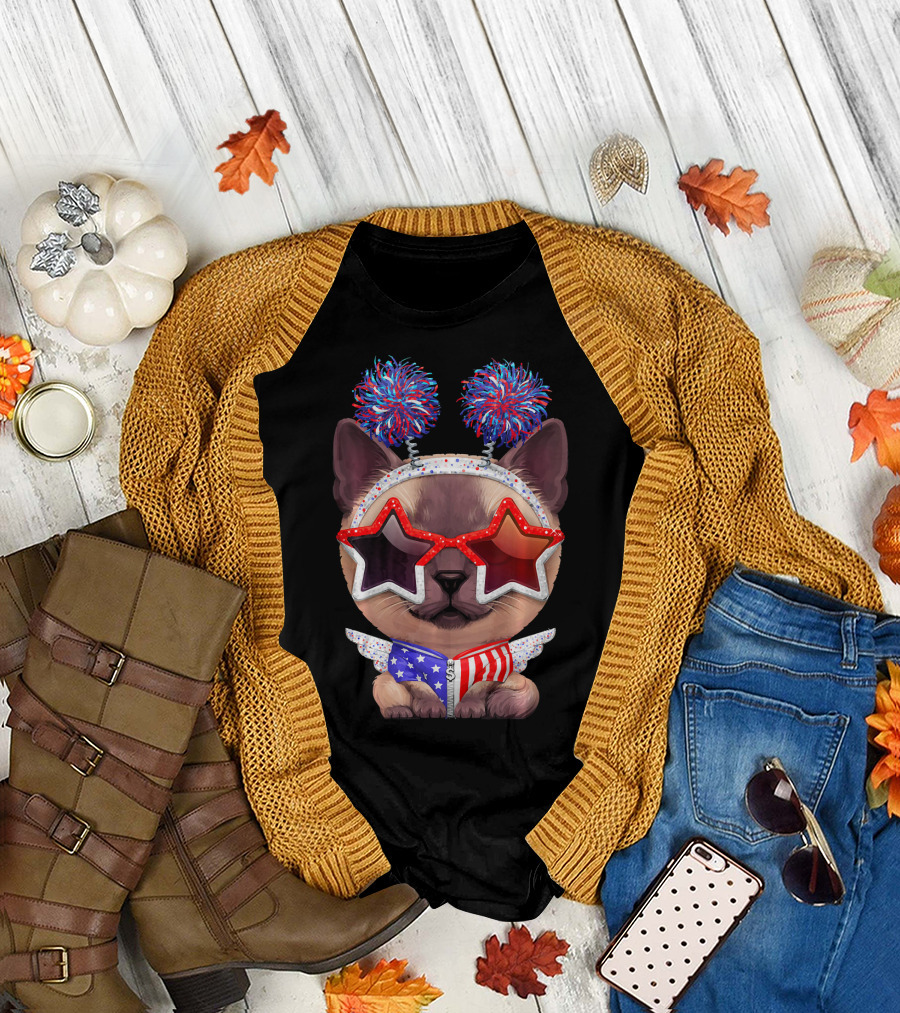 Siamese Cat Wearing Patriotic USA Star Glasses and Pom-Poms for Independence Day T-Shirt