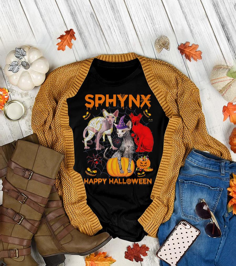 Sphynx Cats Halloween Pumpkin Mummy Witch Hat Red Cat T-Shirt
