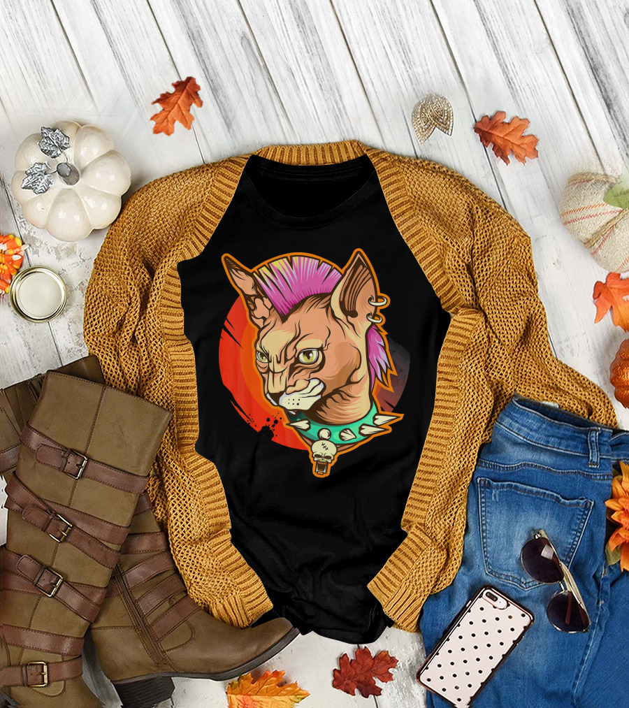 Punk Rock Mohawk Sphynx Cat Skull Collar T-Shirt