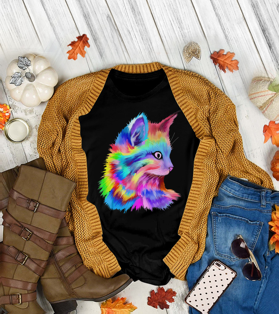 Colorful Rainbow Psychedelic Cute Kitten Cat T-Shirt