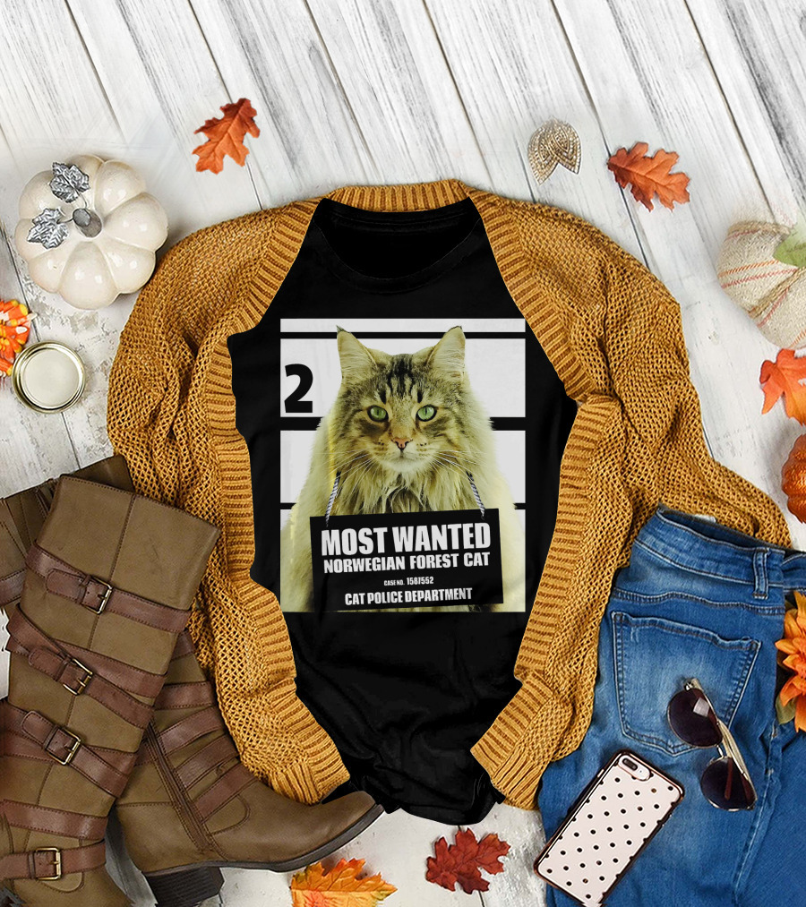 2 Most Wanted Norwegian Forest Cat Case No. 1581552 Cat Police Department T-Shirt