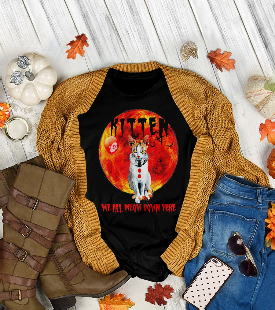 Kitten We All Meow Down Here Clown Cat Red Balloon T-Shirt