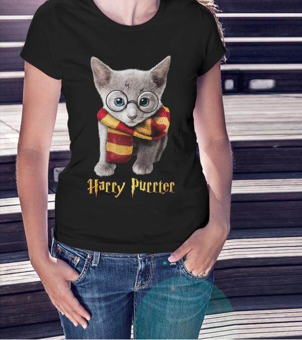 Harry Purrter Cute Funny Cat With Glasses And Scarf T-Shirt