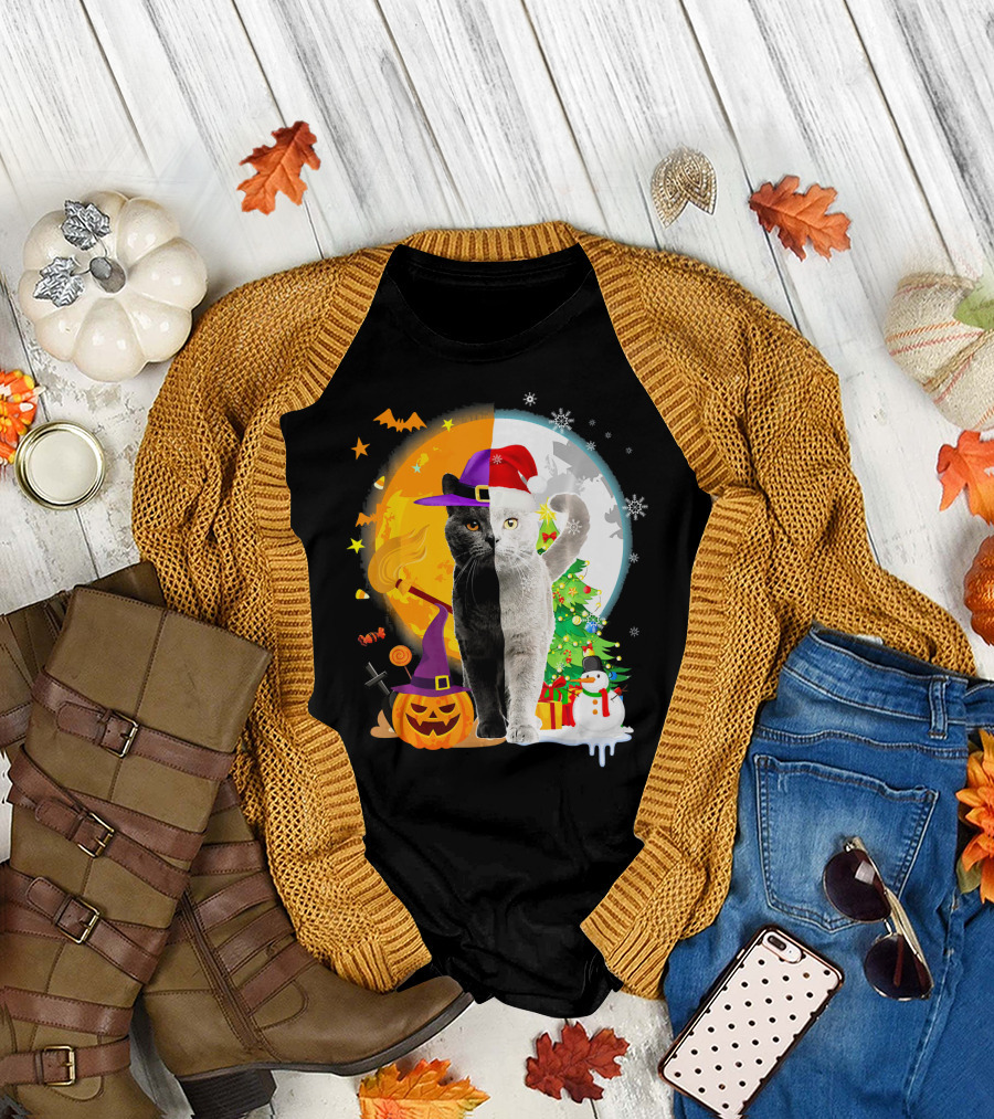 Cat Halloween Christmas Pumpkin Snowman Tree T-Shirt