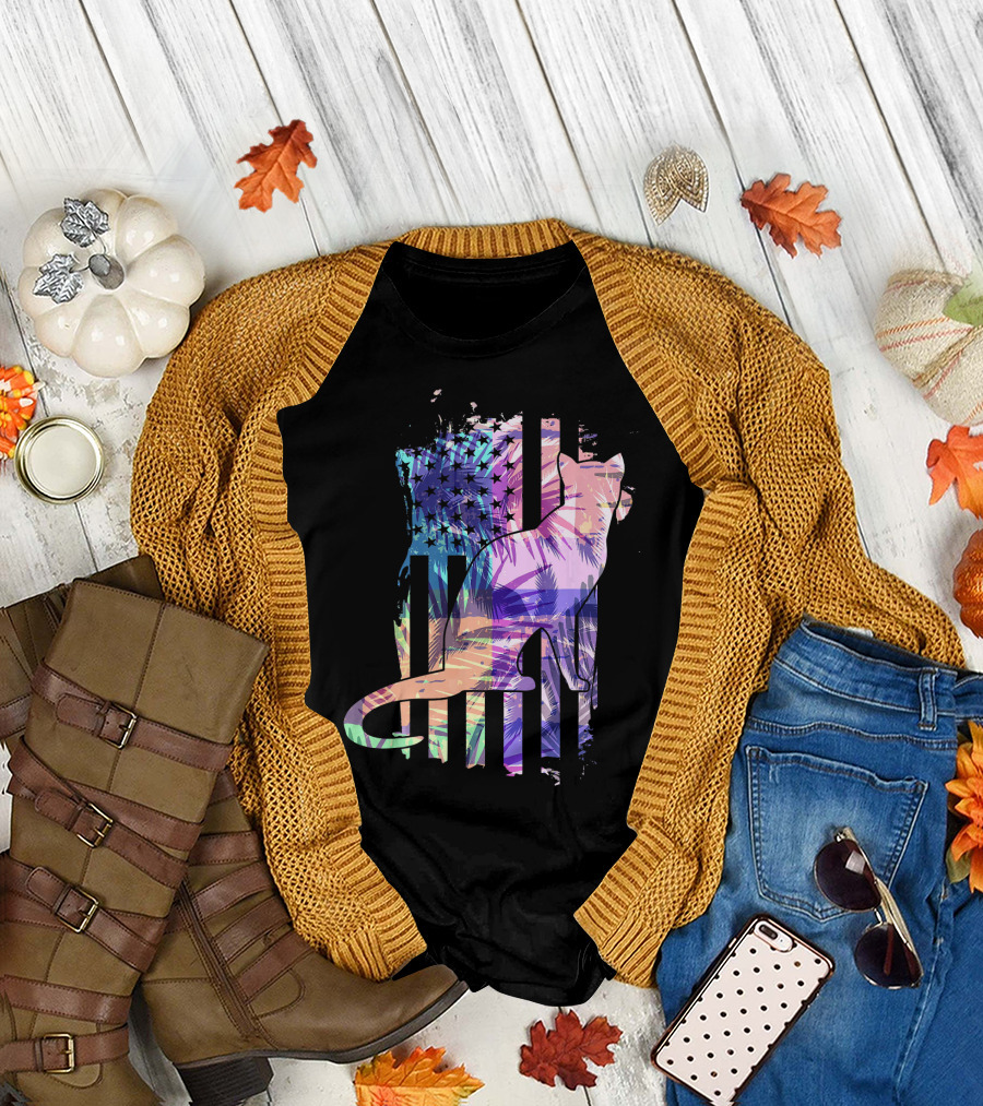 Maine Coon Cat American Flag Summer Sunset Beach T-Shirt