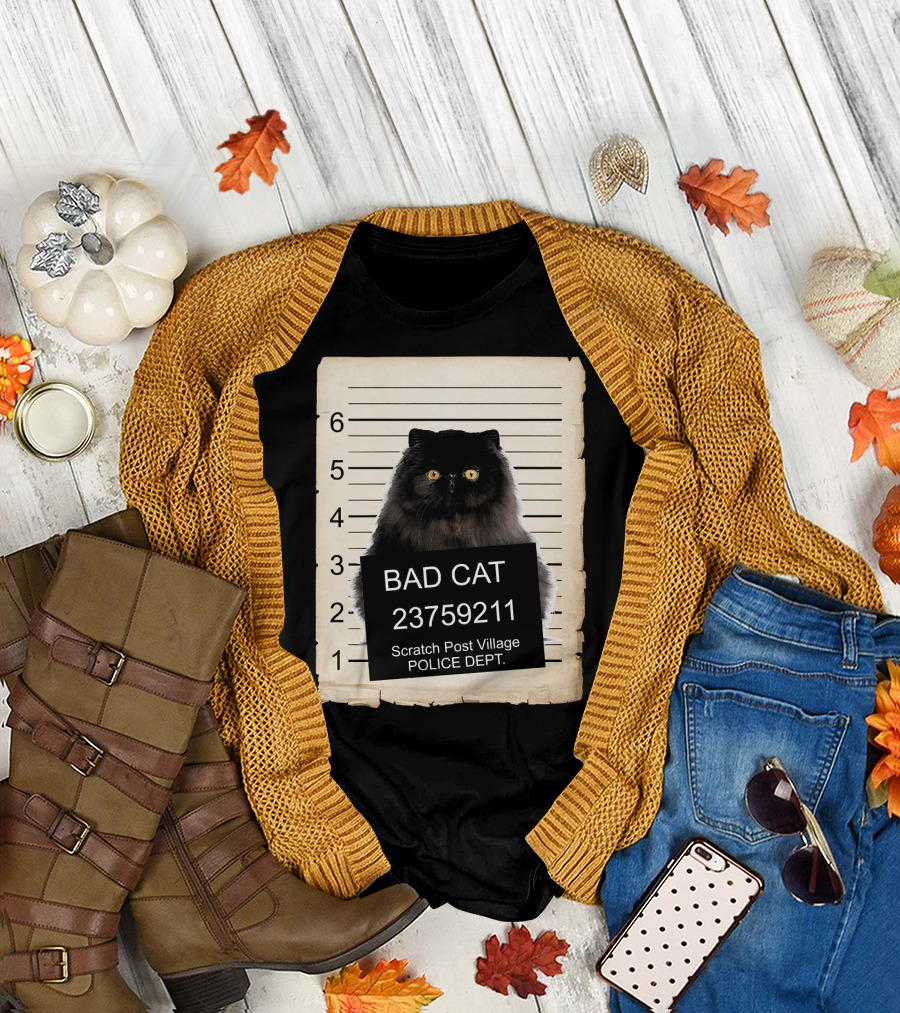 Bad Cat Persian Black Kitten Police Department Mugshot Scratch Post Village T-Shirt