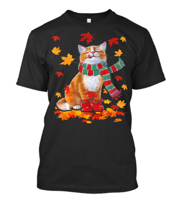 Maple Cat Leaf Fall Cozy Autumn Warmth With Scarf T-Shirt
