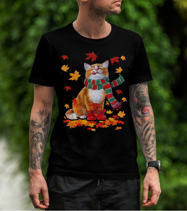 Maple Cat Leaf Fall Cozy Autumn Warmth With Scarf T-Shirt