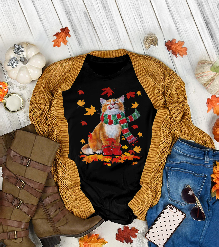 Maple Cat Leaf Fall Cozy Autumn Warmth with Scarf T-Shirt
