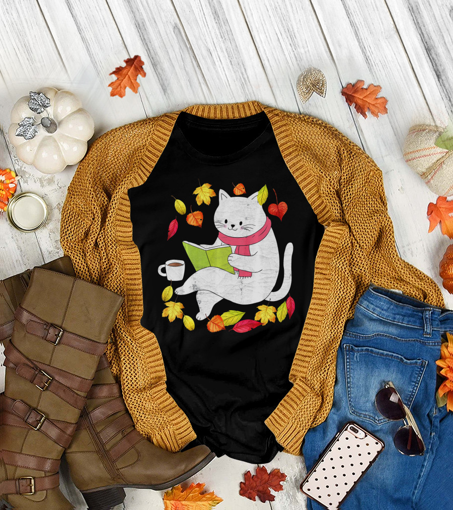 Funny Autumn Cat with Maple Leaves and Coffee Reading Book T-Shirt