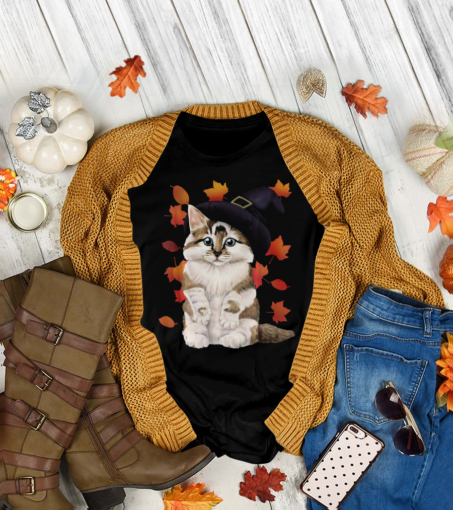 Cute Autumn Cat in a Witch Hat with Falling Leaves T-Shirt