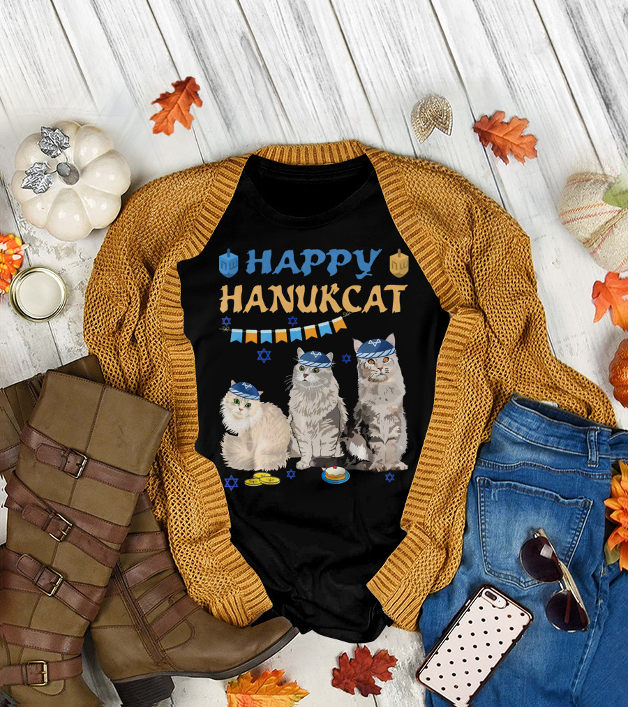 Happy Hanukcat Cats with Dreidels and Stars of David T-Shirt
