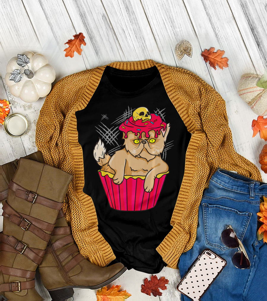 Gothic Cat Cupcake Funny Kitty Skull Dessert T-Shirt