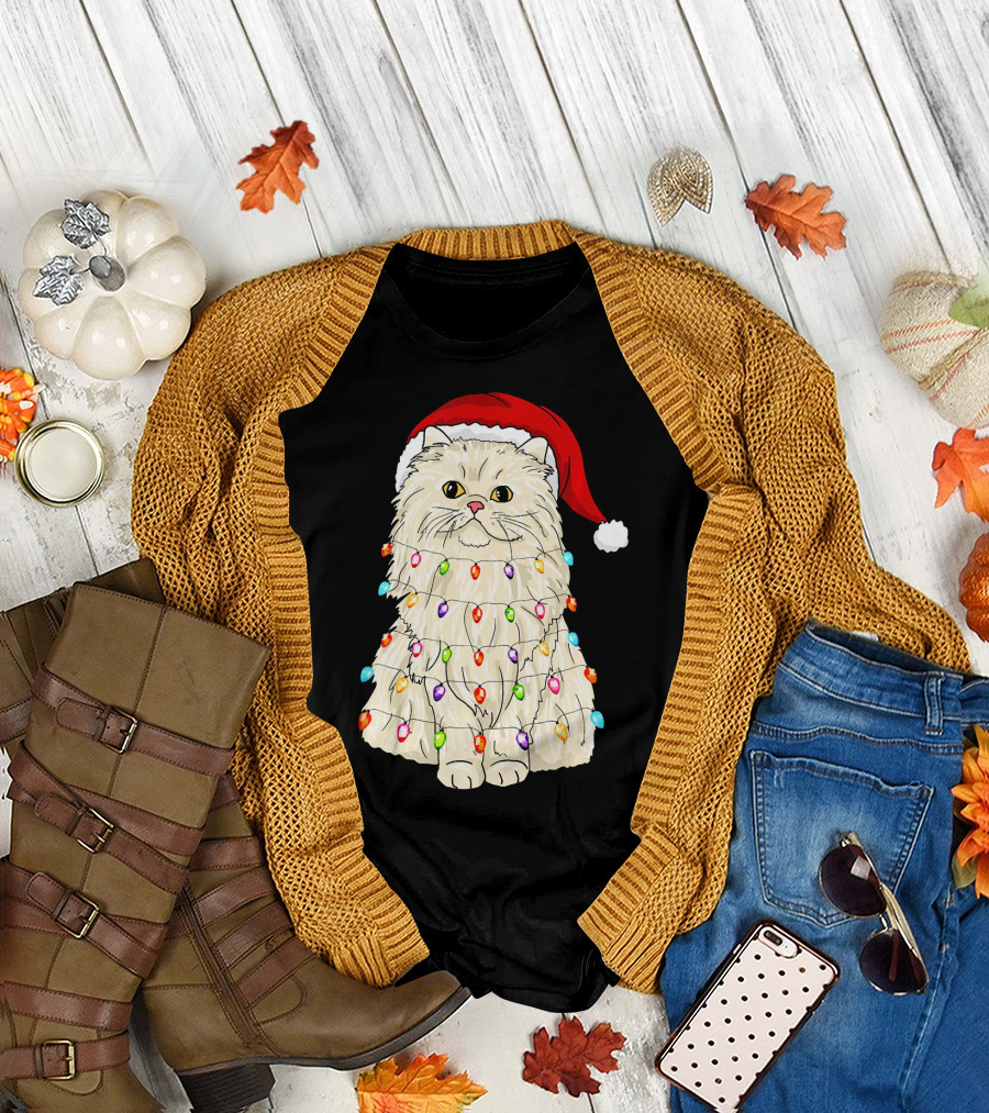 Santa American Persian Cat Festive Lights T-Shirt
