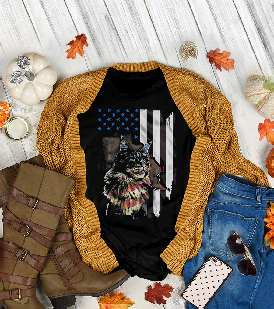 American Flag 4th Of July Maine Coon Cat Patriotic T-Shirt