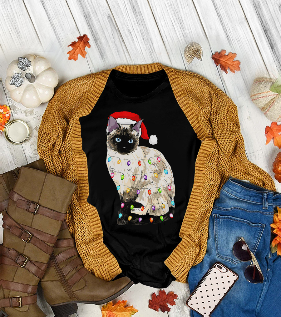 Santa Siamese Cat Wrapped in Colorful Christmas Lights T-Shirt
