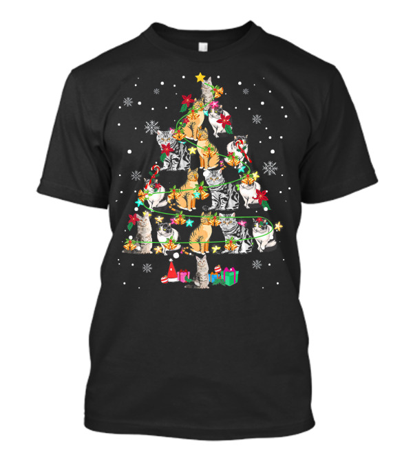 Cute Cat Noel Xmas Tree With Presents And Decorations T-Shirt