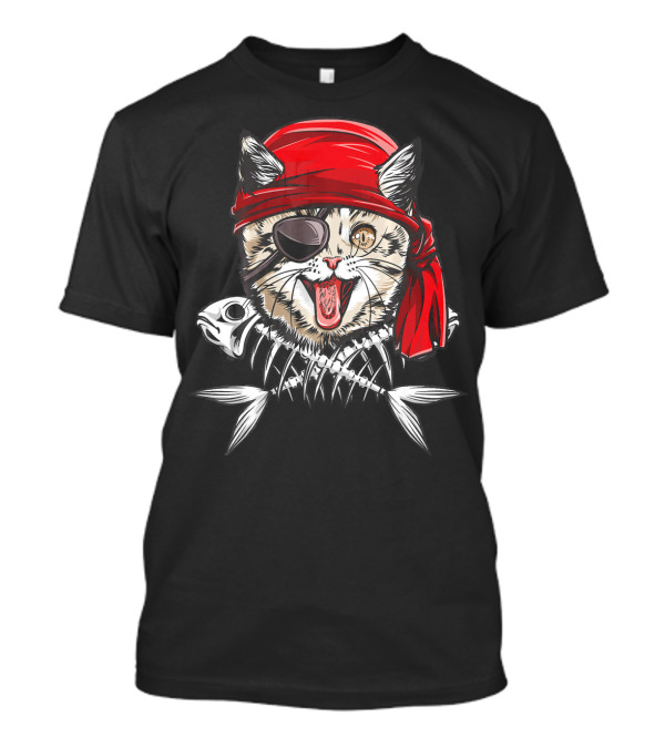 Cat Pirate Jolly Roger Flag Skull With Bandana And Eyepatch T-Shirt