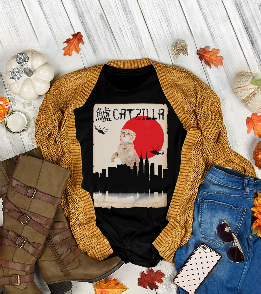 Scottish Fold Catzilla Rising Against City Skyline with Helicopters and Red Sun T-Shirt