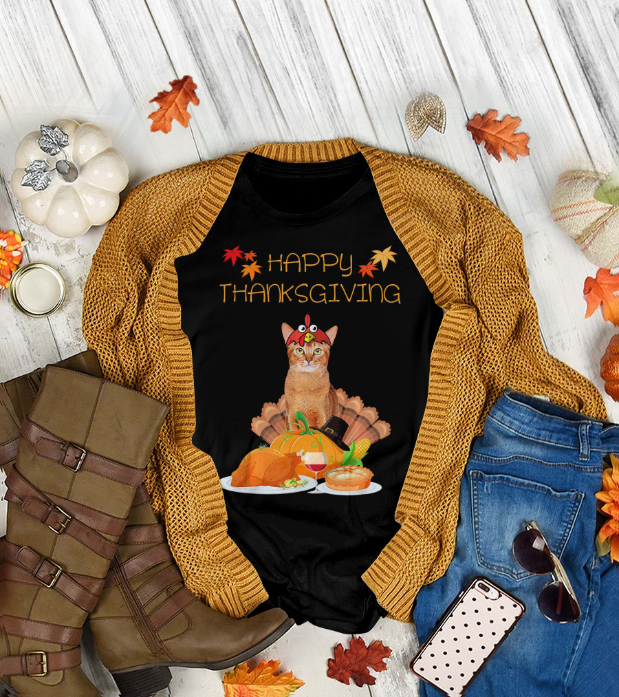 Happy Thanksgiving Day Abyssinian Cat with Turkey Feast and Autumn Leaves T-Shirt